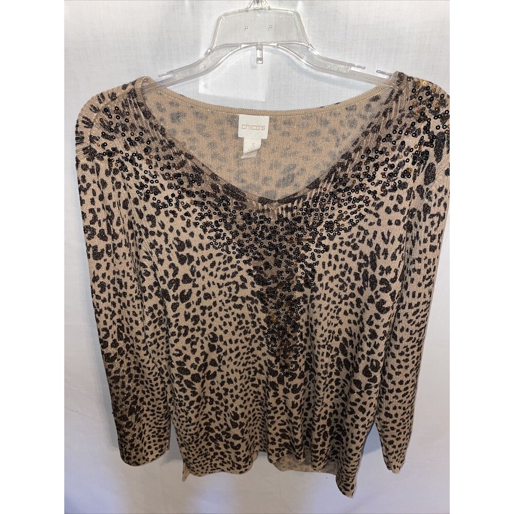 Chicoās Dress Blouse Womenās Size 3 U.S. XL Brown Leopard Print Sequins Cotton